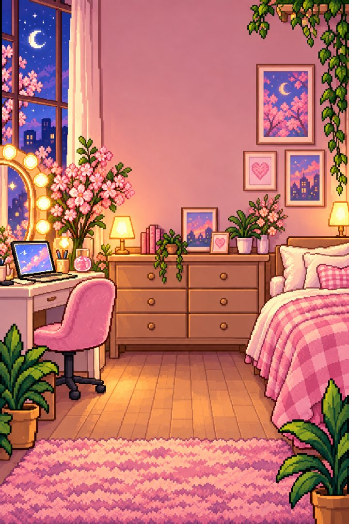 MyPeptideShelf's pixel-art bedroom with a shelf of vials at night